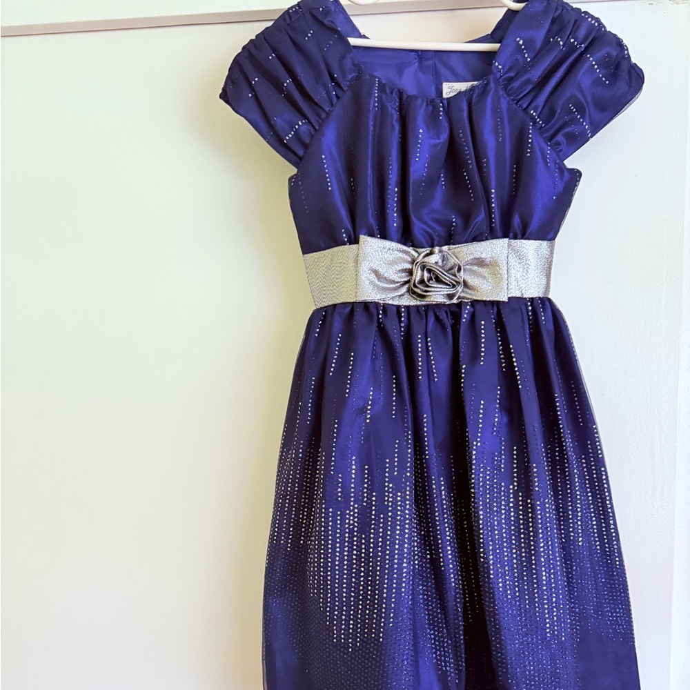 Jona Michelle Navy Dress with Glittering Silver Sash size 8 Like NEW!
